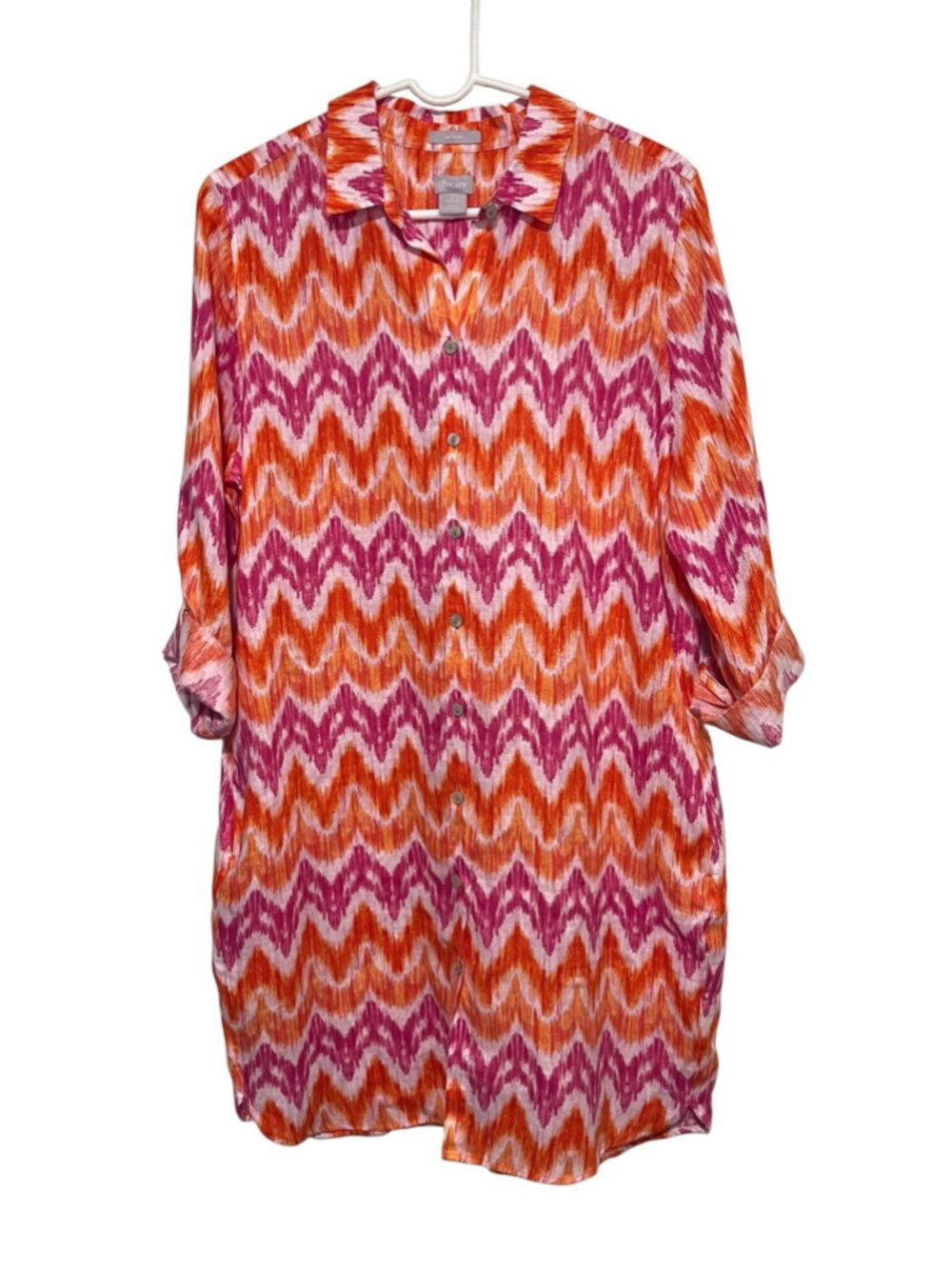 Chico's Chevron Linen Shirt Dress Tunic Large 2 Pink Orange No Iron Pockets